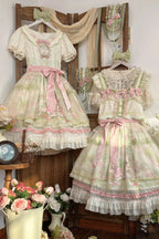 Bamboo Rabbit Pink Green Bunny Floral Print Bow Classic Lolita OP Dress and Accessories - image 2