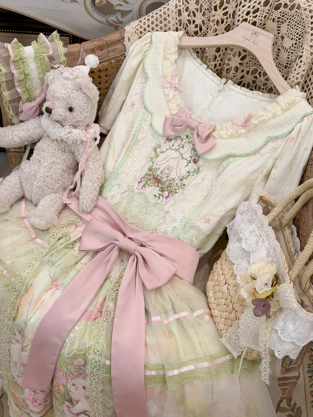 Bamboo Rabbit Pink Green Bunny Floral Print Bow Classic Lolita OP Dress and Accessories - image 3