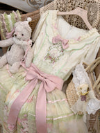 Bamboo Rabbit Pink Green Bunny Floral Print Bow Classic Lolita OP Dress and Accessories - image 3