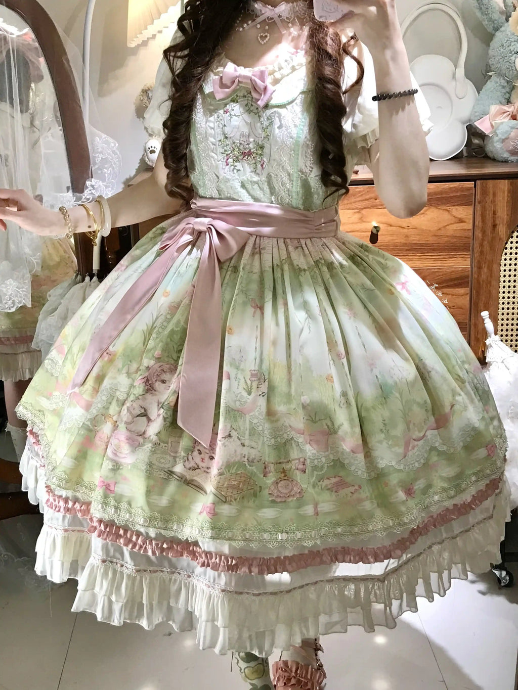 Bamboo Rabbit Pink Green Bunny Floral Print Bow Classic Lolita OP Dress and Accessories - image 14