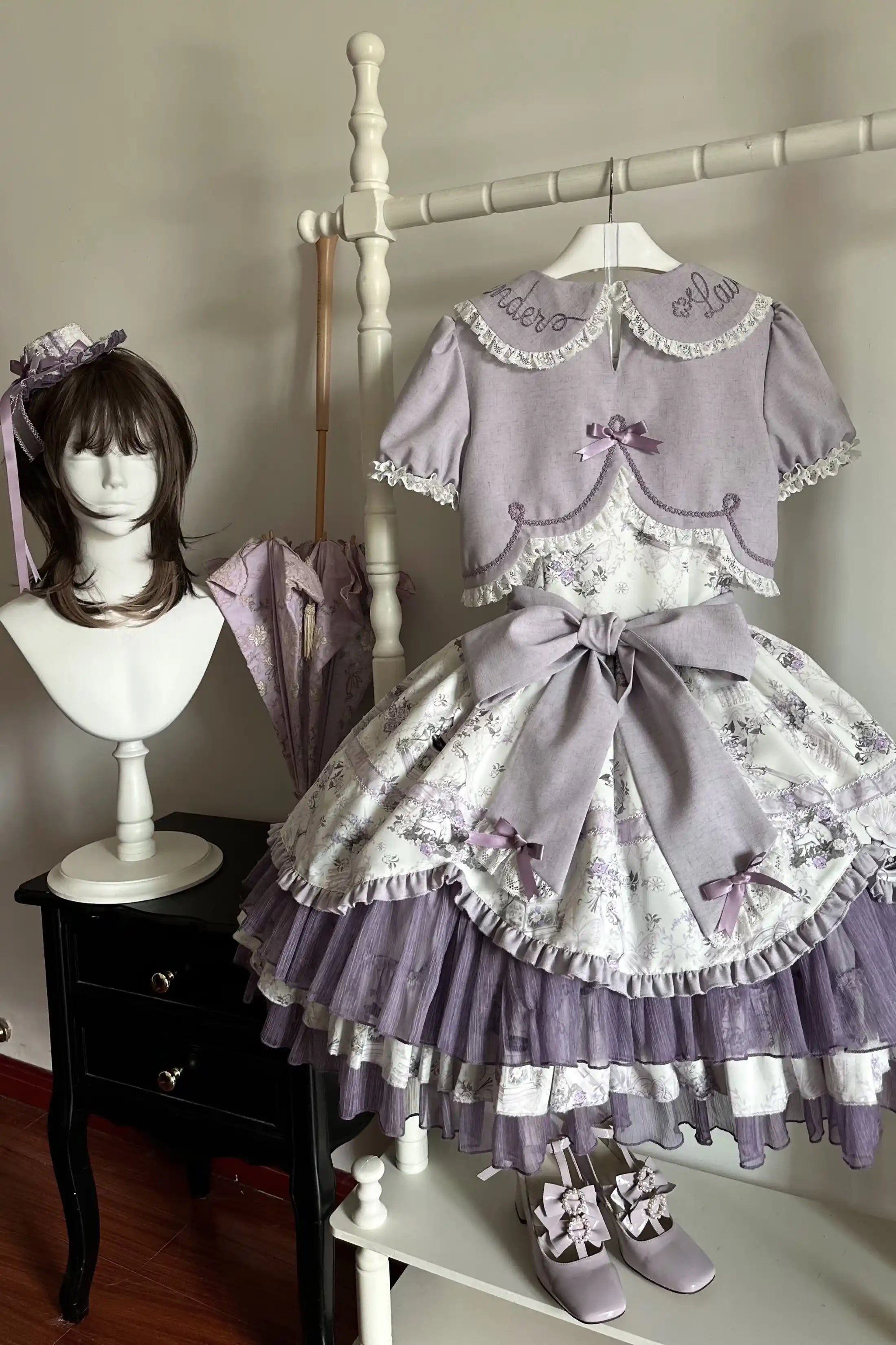 Music Flower Wall Purple Gramophone Print Bow Classic Lolita OP Dress - image 11