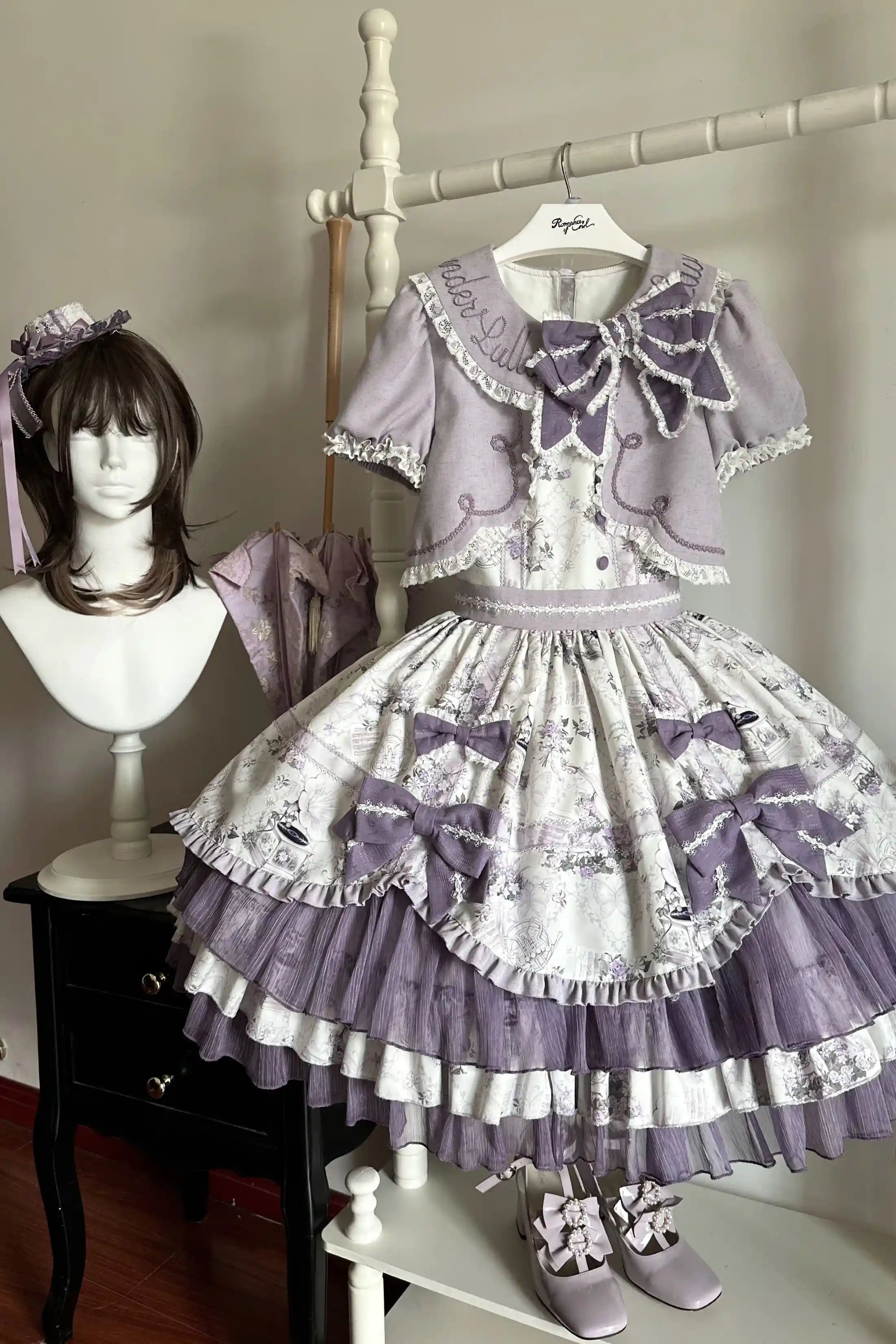 Music Flower Wall Purple Gramophone Print Bow Classic Lolita OP Dress - image 10