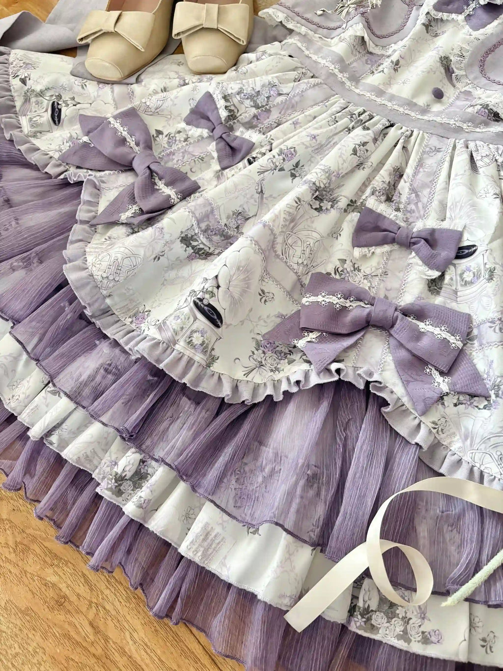 Music Flower Wall Purple Gramophone Print Bow Classic Lolita OP Dress - image 6