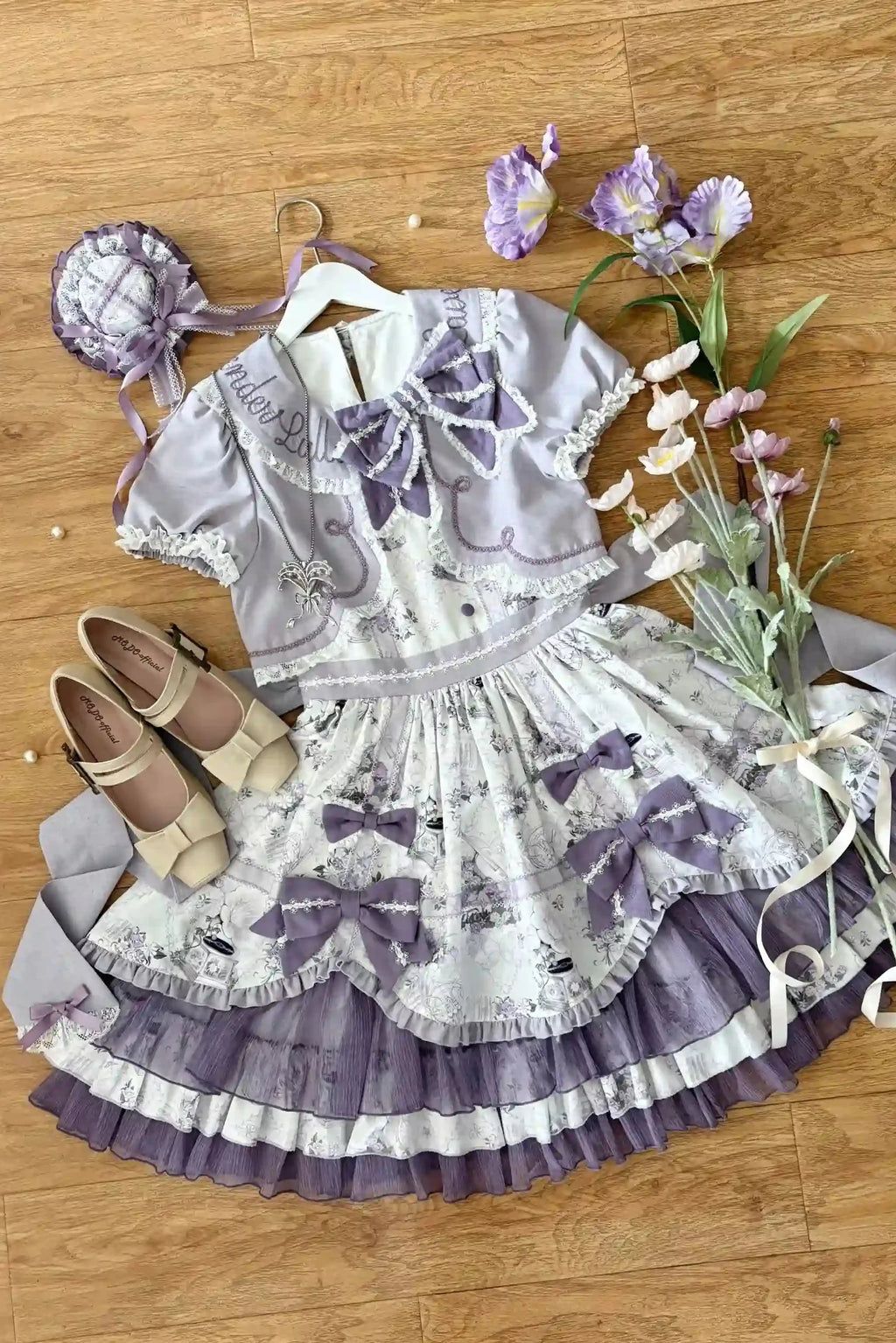 Music Flower Wall Purple Gramophone Print Bow Classic Lolita OP Dress - image 3