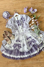 Music Flower Wall Purple Gramophone Print Bow Classic Lolita OP Dress - image 3