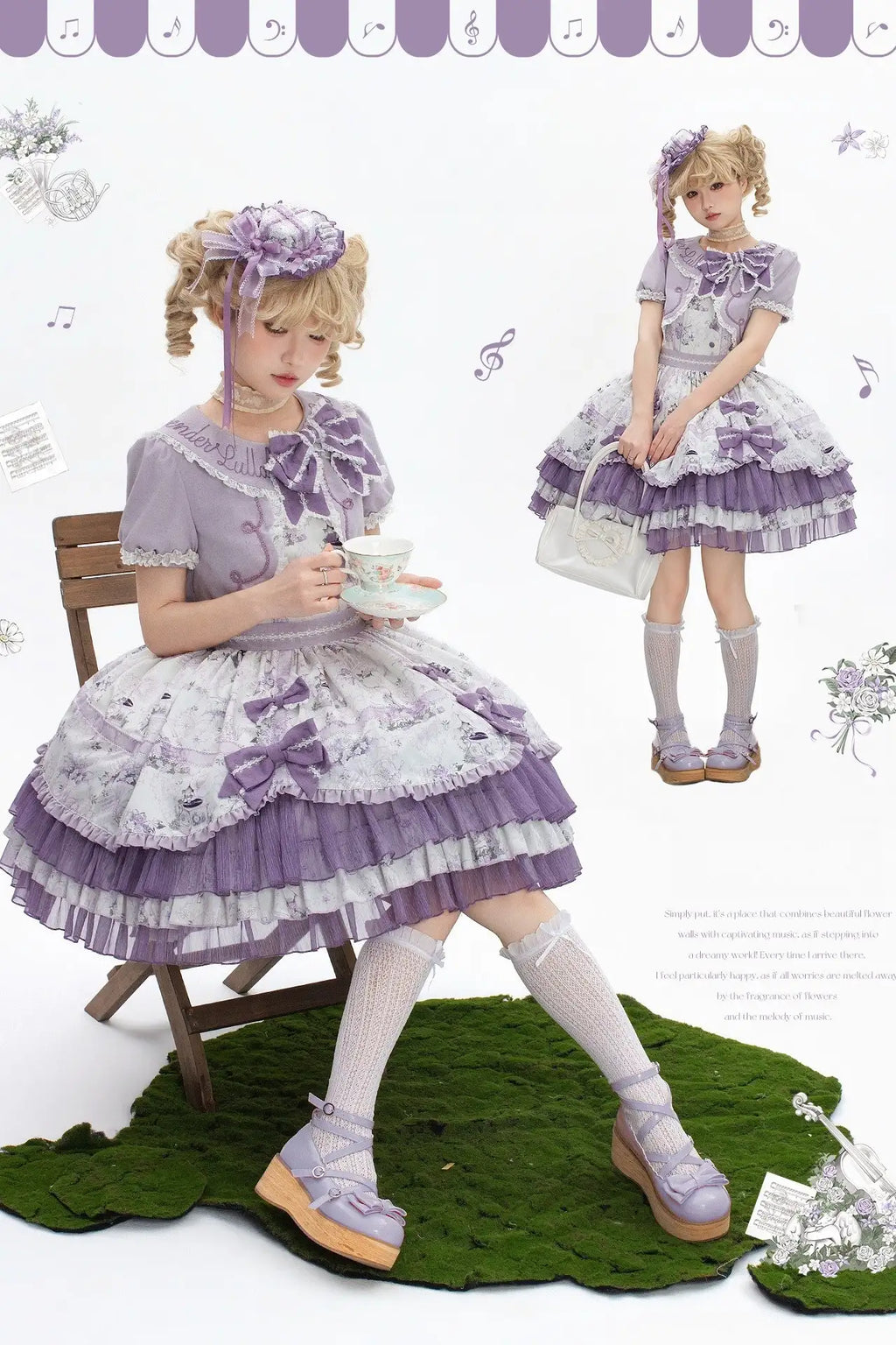 Music Flower Wall Purple Gramophone Print Bow Classic Lolita OP Dress - image 7