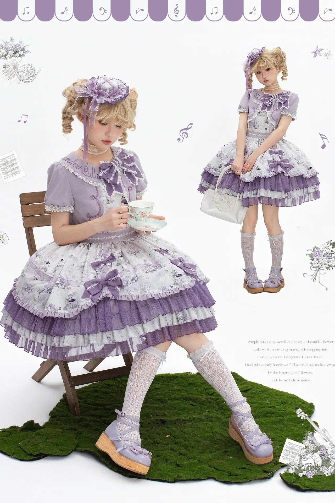 Music Flower Wall Purple Gramophone Print Bow Classic Lolita OP Dress - image 7