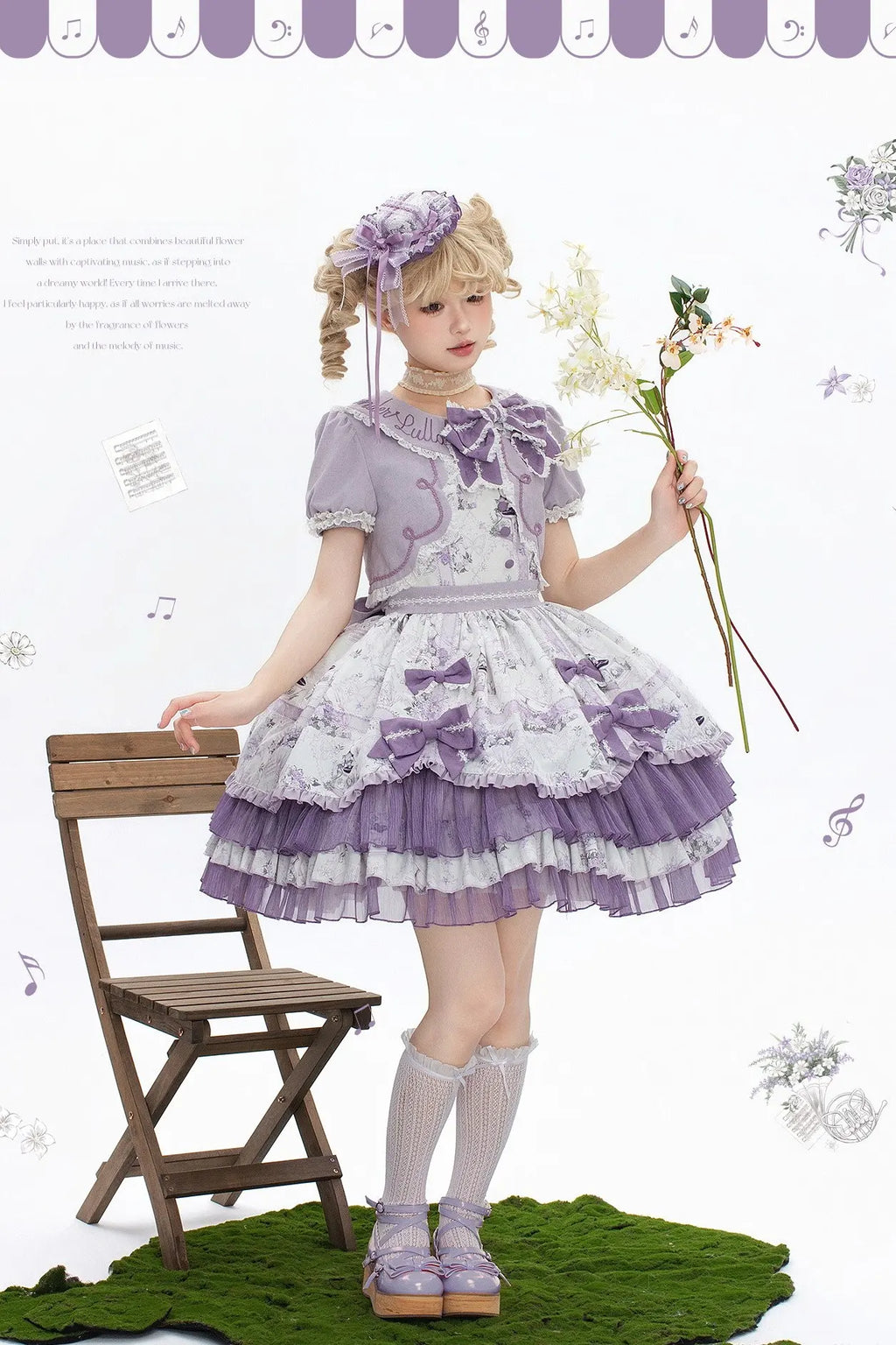 Music Flower Wall Purple Gramophone Print Bow Classic Lolita OP Dress - image 8