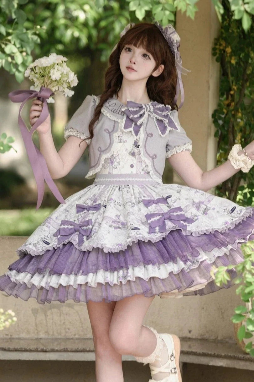 Music Flower Wall Purple Gramophone Print Bow Classic Lolita OP Dress - image 1