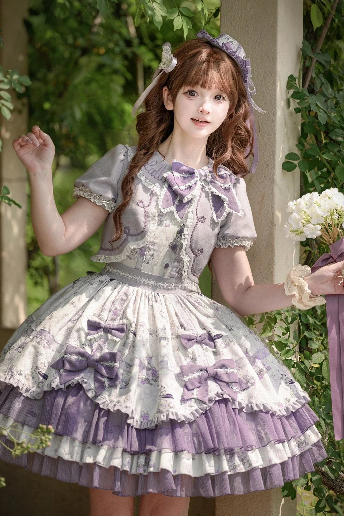 Music Flower Wall Purple Gramophone Print Bow Classic Lolita OP Dress - image 4