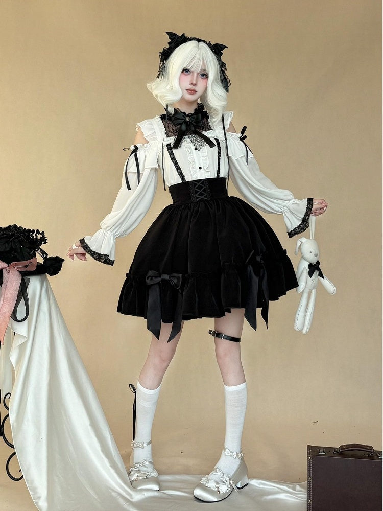 Gothic Monochrome Cutout Shoulder Top with Lace and Bow Embellishments - AMAHAKAWA - image 6