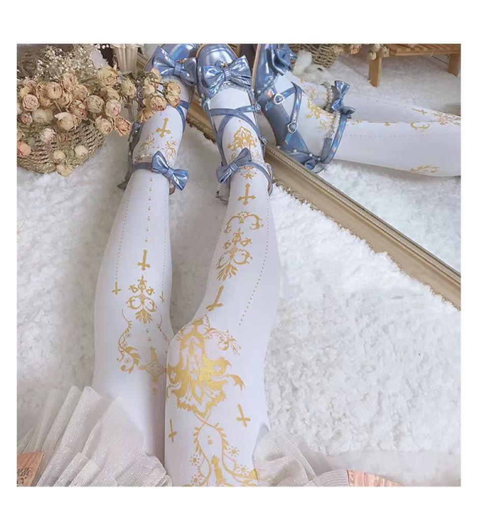 Elegant Lolita Gold Foil Printed Tights - image 8
