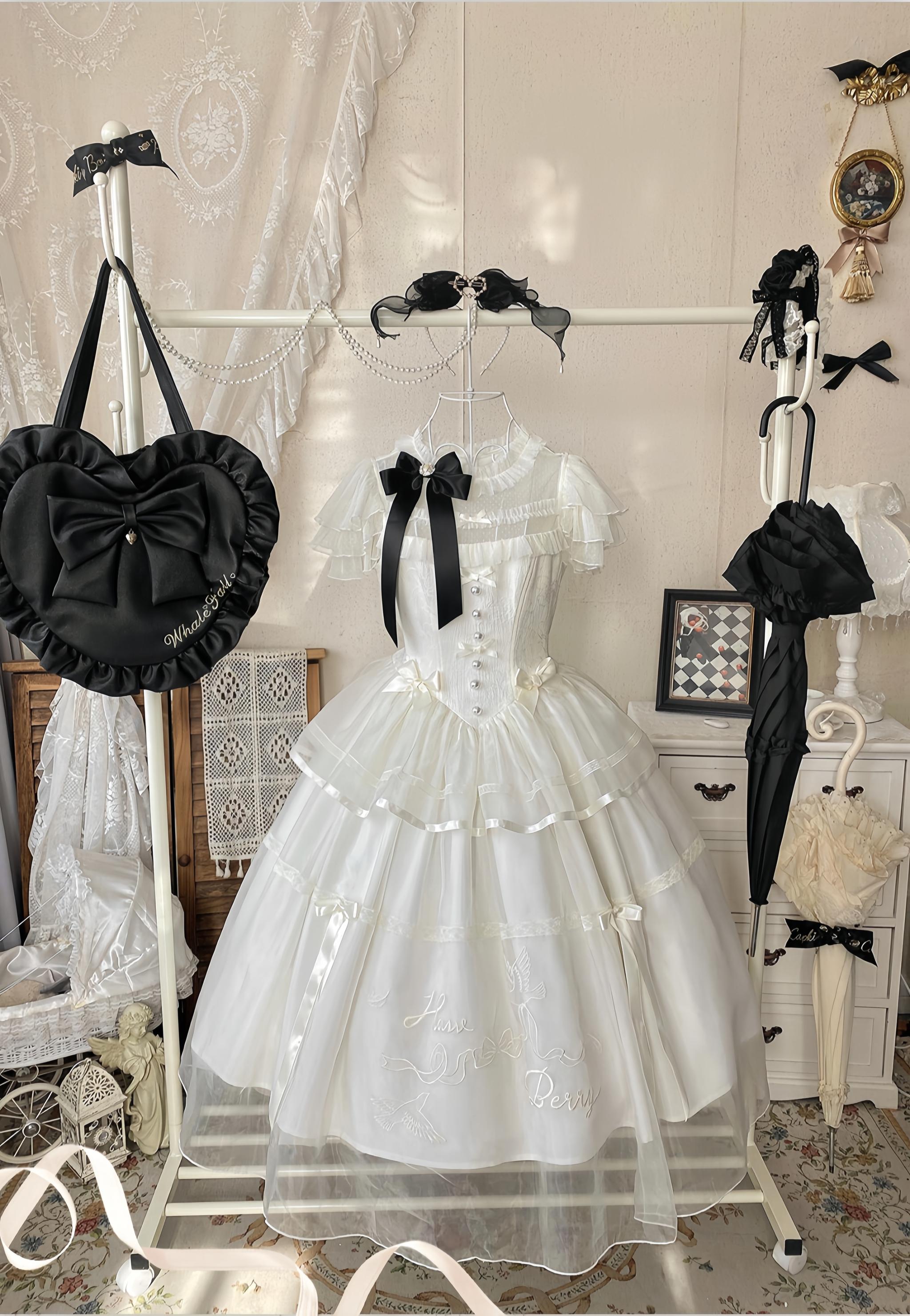White Bird Love Letter - Classic Lolita Jacquard OP Dress, Embroidered Tulle Hem and Accessories - image 2