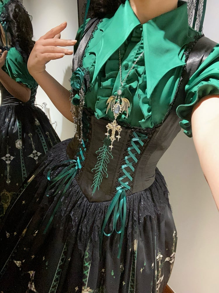 Green Rosette and Skull Print Gothic Corset JSK - image 11