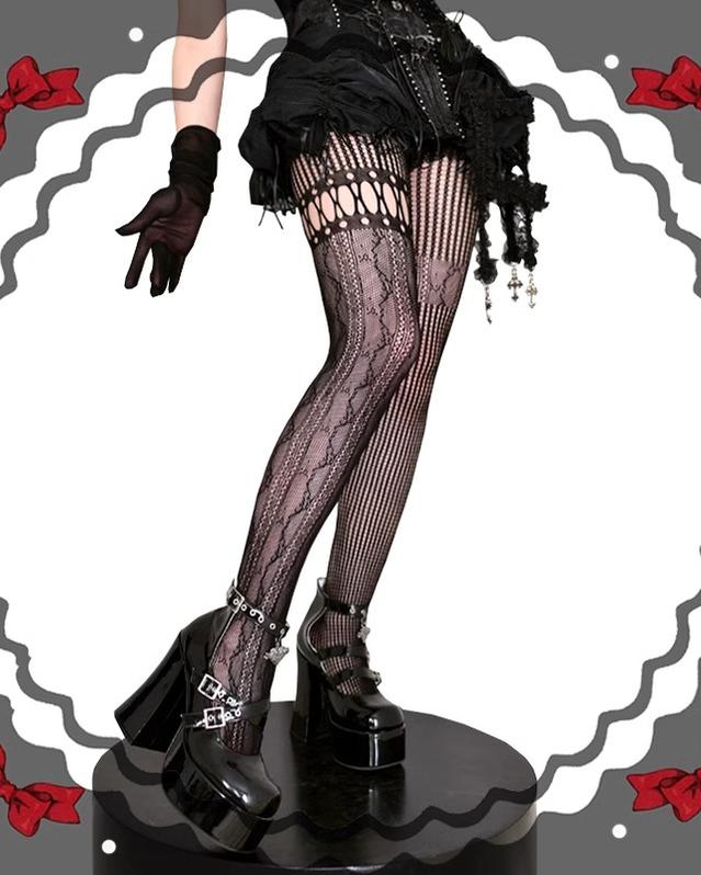 Wuxiaoliu Asymmetric Gothic Lolita Fishnet Pantyhose - image 5