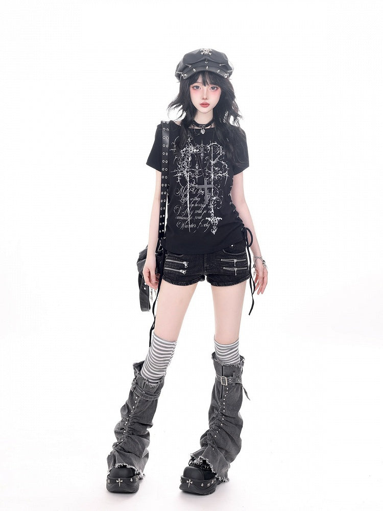 Black Tee with Side Drawstring and Dark Print - KNOW8 Online Shop - image 4