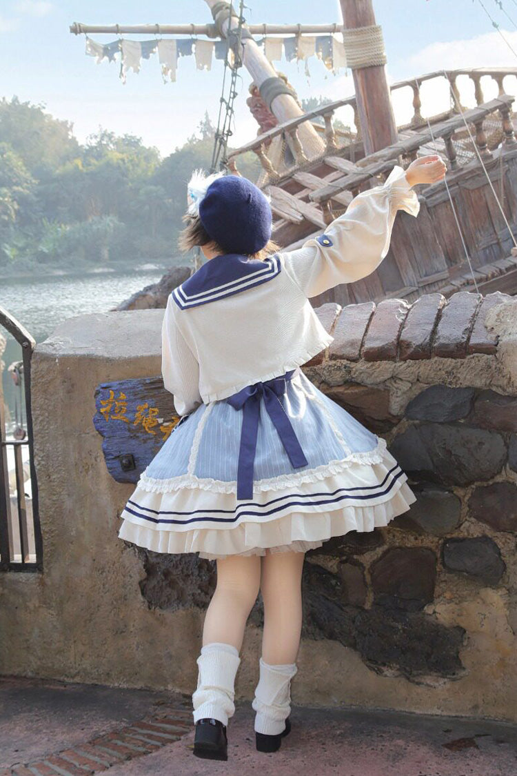 Ride the Wind and Waves - Double-Layered Printed Ruffled Bow Lace Sweet Lolita JSK Dress Set (Coat Included) - image 10