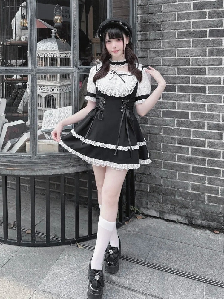 Shirohato Black and White Jirai Kei Dress Choker and Shorts Set - image 3