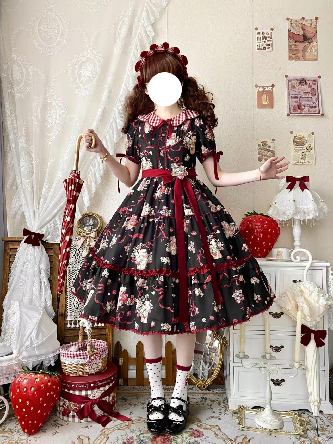 The Bear's Strawberry Field - Daily Lolita OP Dress With Petal Collar & Bear Strawberry Print and Accessories - image 2