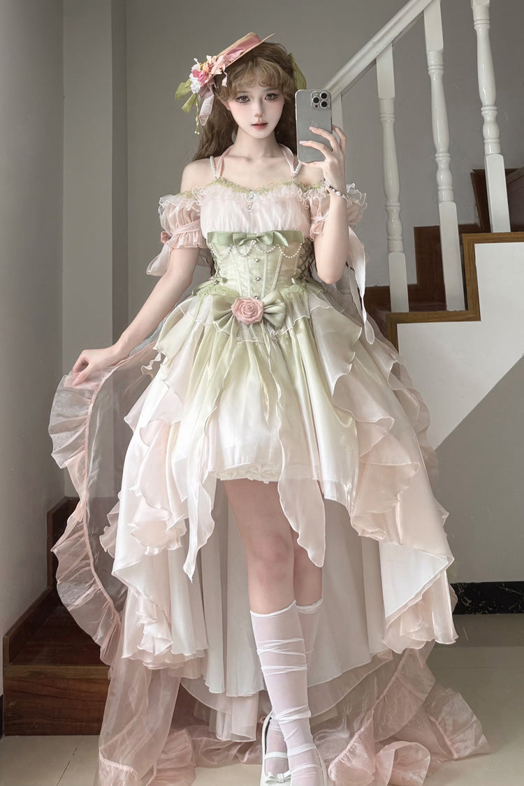 Light Pink and Green Bowknot Irregular Sweet Princess Lolita JSK Dress - image 1