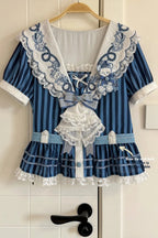 Antique Sailor Bear Blue Stripe Cropped Top Long Skirt Lolita Set - image 18