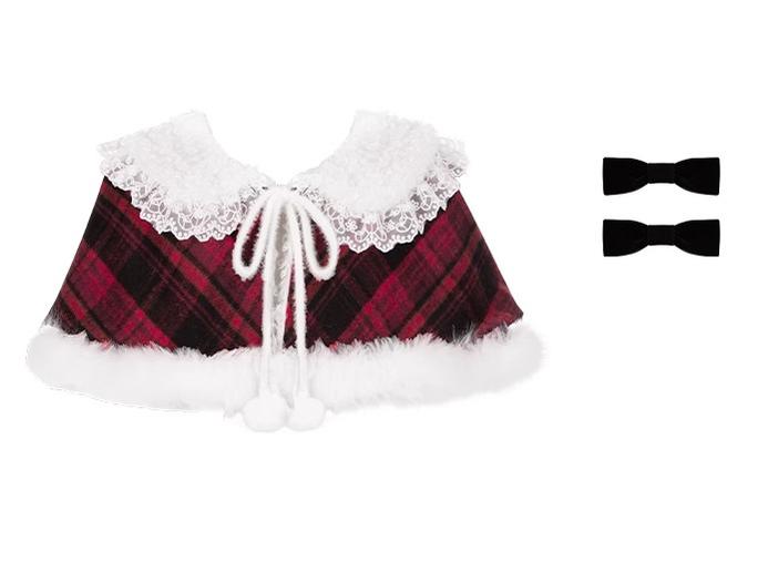 Snow Night Serenade - Fluffy Plaid Kawaii Lolita JSK, Reversible Cape and Accessories - image 42