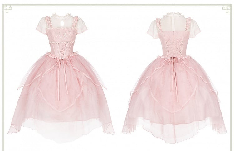 Pink Peach Blossom Chinoiserie Lolita OP Dress and Flower Hairclips Set - image 4