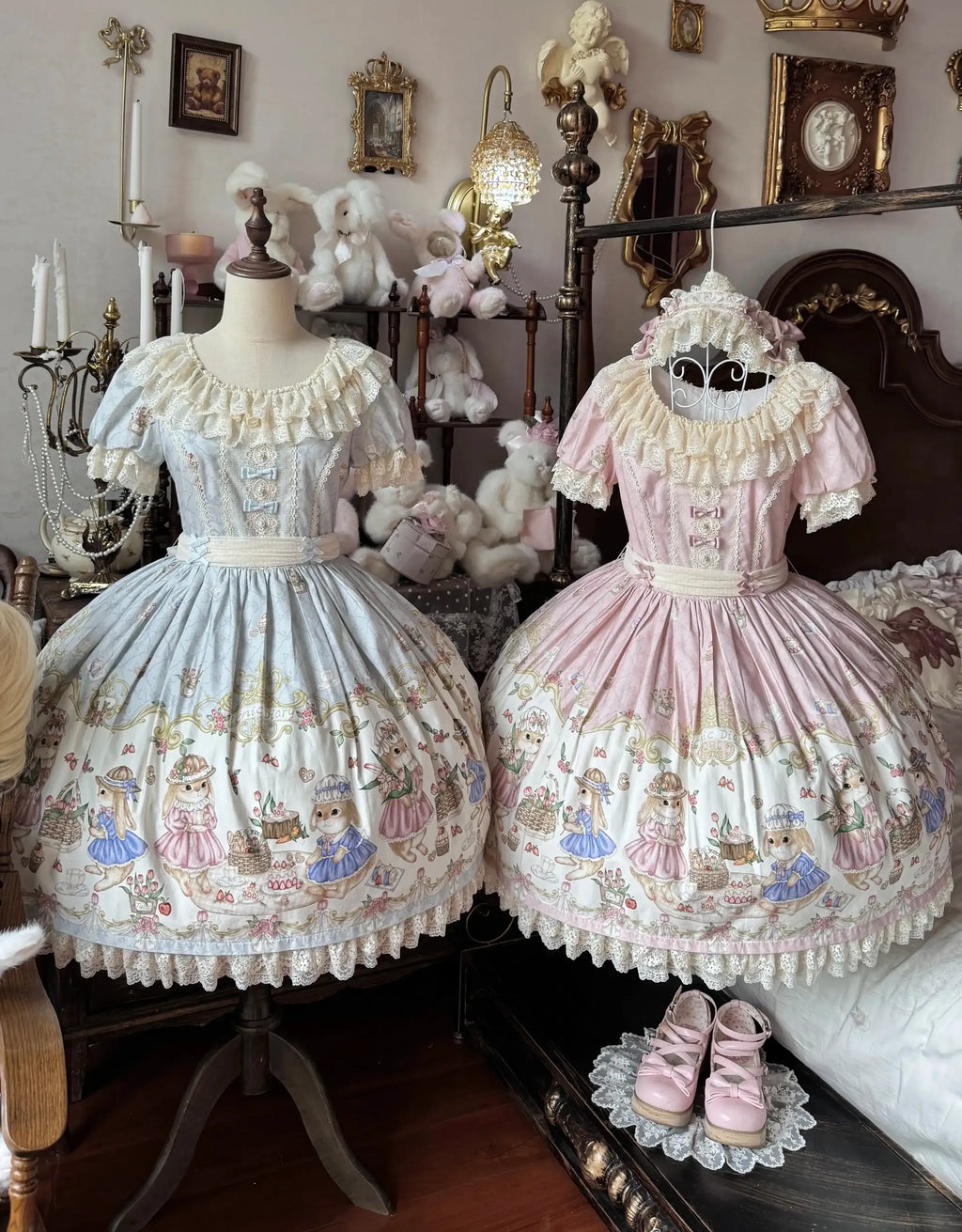 Picnic Bunny - Cotton Daily Doll-like Lolita OP Dress, Bunny Print and Accessories - image 1