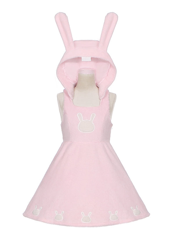 Pink Bunny Ears Hooded Plush Overalls Sweet Lolita Dress - image 2