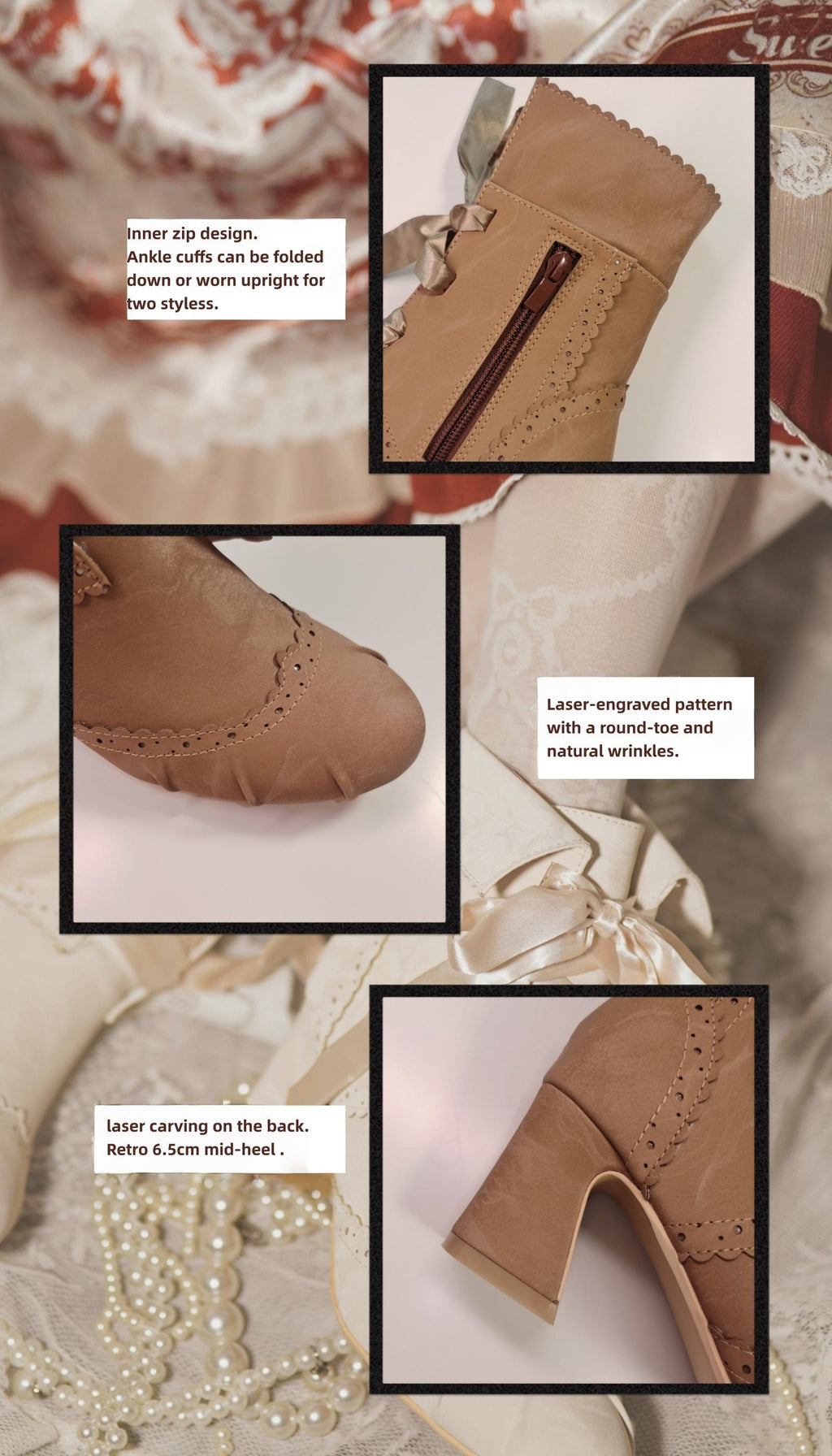 Lady Incognita - Retro Lolita Ankle Boots, Size Zipper - image 6
