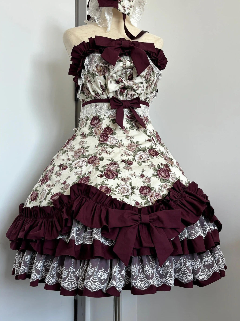 Burgundy Rose - Floral Printed Old School Lolita JSK, Elegant Cape and Accessories - image 17