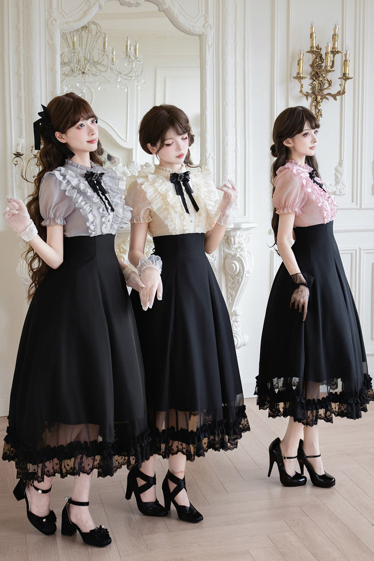 Miss Lola · Snow Kiss - Stand Collar Short Puff Sleeves Ruffled Color-Blocked Faux Two-Piece Sweet Lolita Long Dress 3 Colors - image 5