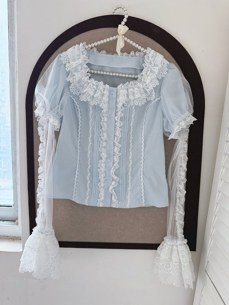 Azure Cotton Sweet Lolita Blouse with Detachable Lace Sleeves - image 1