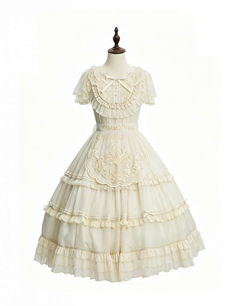 Beige Dots Tulle Flutter-Sleeve Lolita OP Dress with Embroidered Waist Belt - image 2