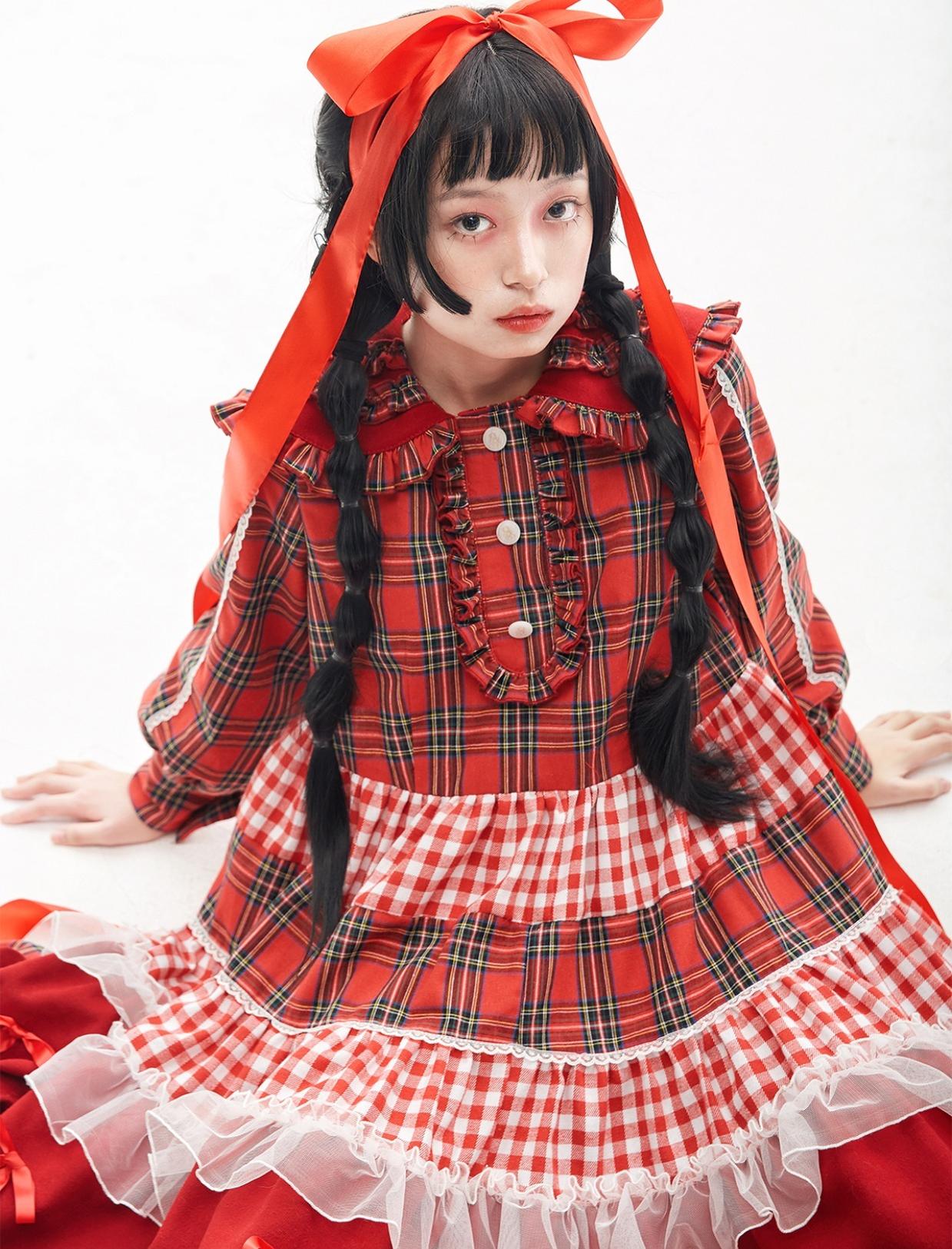 Vintage Lolita OP Dress Red Lolita Plaid Dress for Spring Summer - image 22