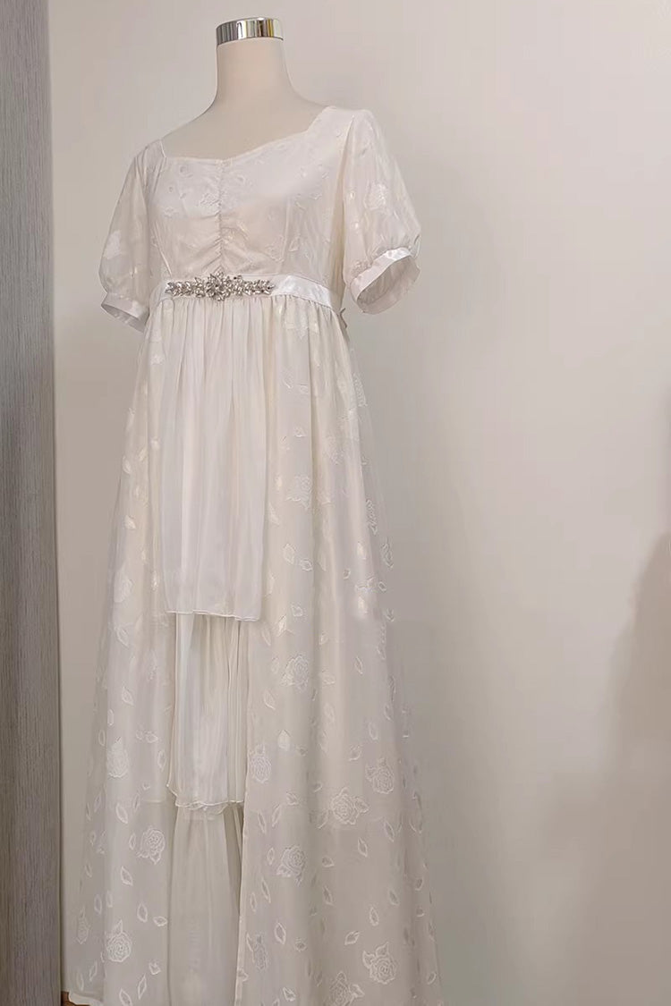 Square Collar Short Sleeves Subtle Rose Printed Embroidered Bow Sweet Elegant Lolita Dress - image 4