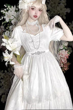 Square Collar Short Sleeves Subtle Rose Printed Embroidered Bow Sweet Elegant Lolita Dress - image 3