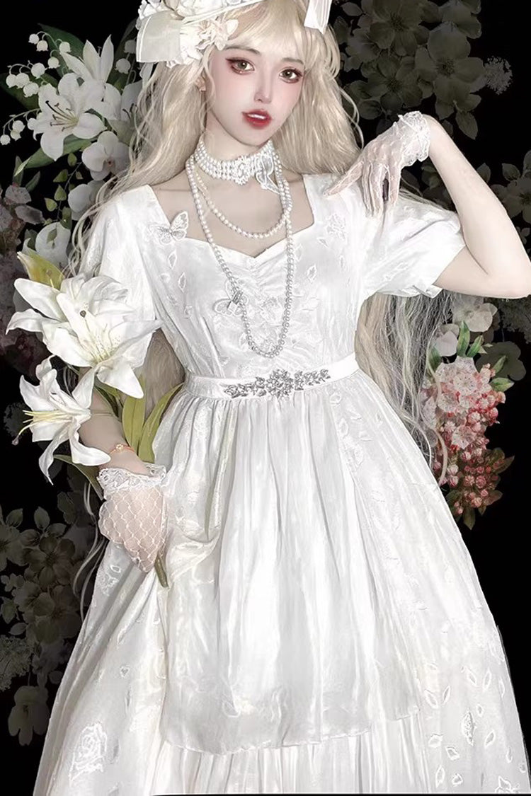 Square Collar Short Sleeves Subtle Rose Printed Embroidered Bow Sweet Elegant Lolita Dress - image 3