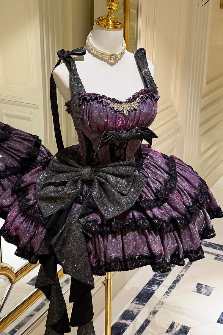 Galaxy of Fallen Tears - Sleeveless Glitter Series Triple-Layered Ruffled Bow Asymmetric Sweet Lolita JSK Dress - image 1