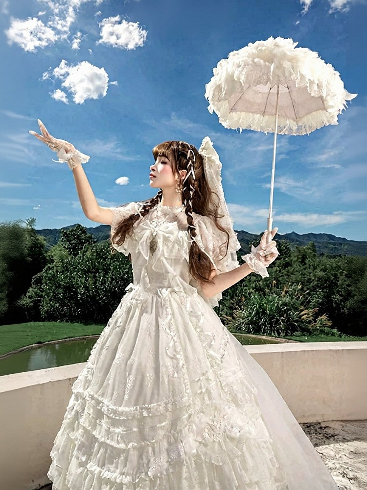 Ivory Floral Embroidered Lolita Gown with Lace Trim and Bow Train - Mademoiselle Pearl - image 5