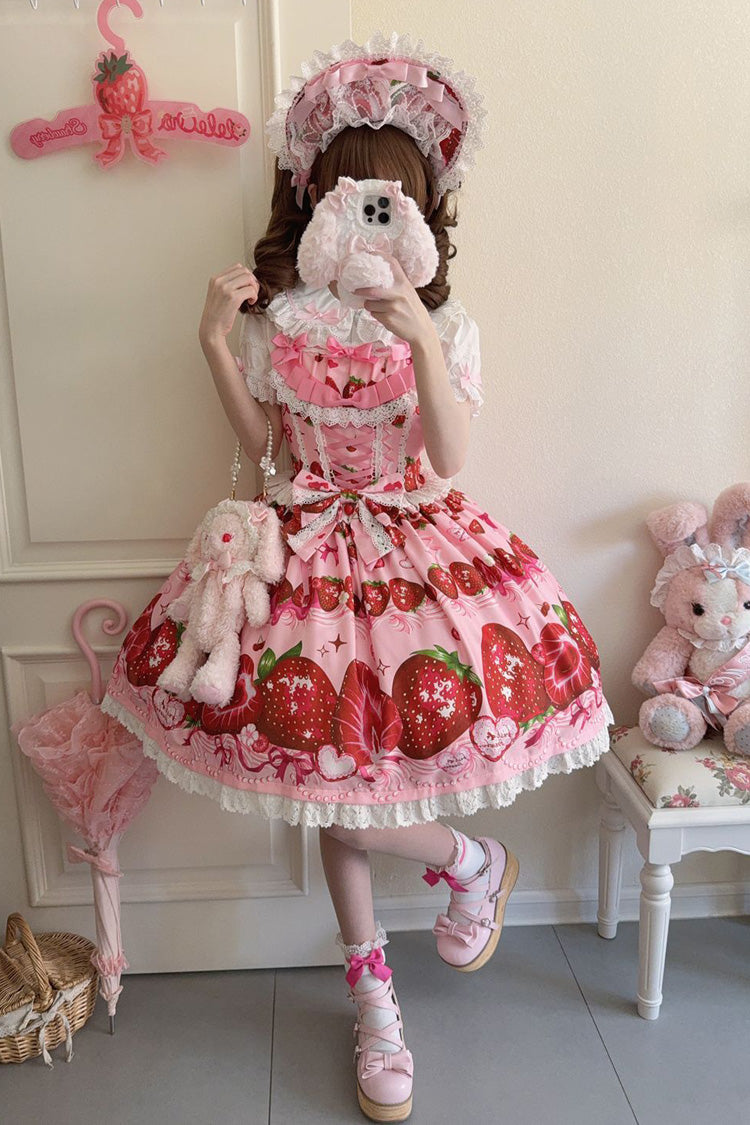 Sweet Berry Tale Strawberry Print Ruffle Bowknot Lace Sweet Lolita JSK Dress - image 9