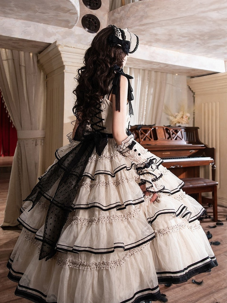 Beige and Black Swan-Embroidered Ruffled Classic Lolita JSK - image 6