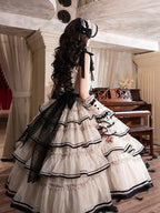 Beige and Black Swan-Embroidered Ruffled Classic Lolita JSK - image 6