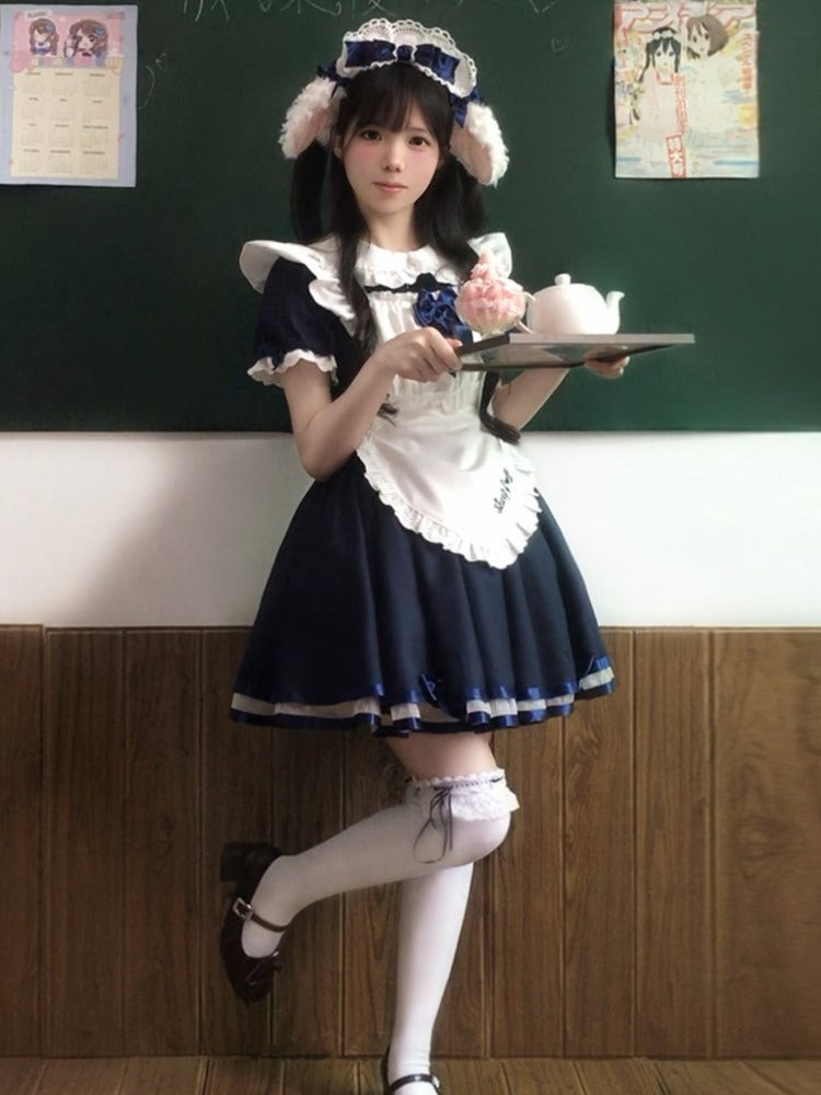 Dark Blue Maid OP with Striped Lace Accents - image 2