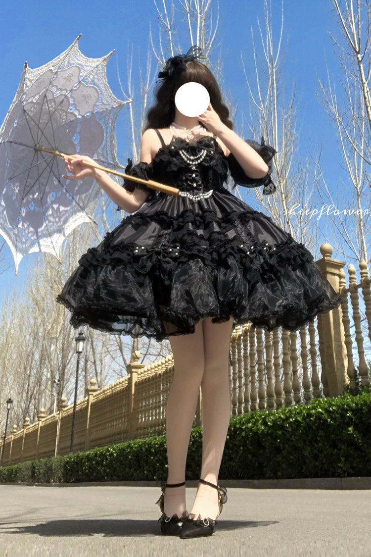 Spring Cherry Snowfall - Off Shoulder Short Sleeves Multi-Layered Ruffled Bow Gothic Lolita JSK Dress - image 5