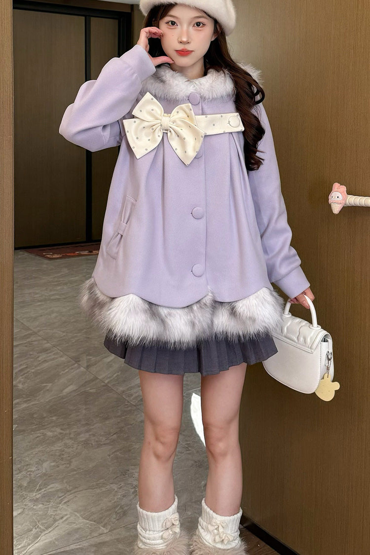 Long Sleeves Plush-Trim Polka Dot Printed Bow Hooded Sweet Lolita Coat - image 4
