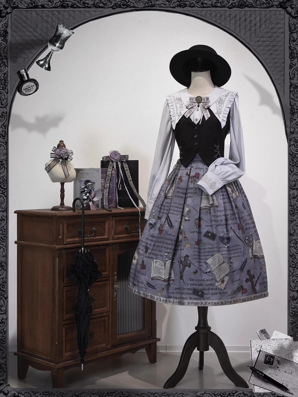 Witch Notes - Gothic Lolita Embroidered Dress Suit, Cross and Rose Print - image 3