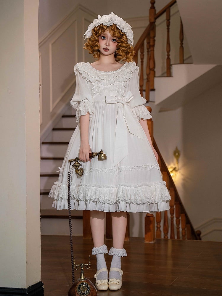 All White High-Waist Shiro Lolita Short-Sleeve Dress - image 1