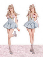 Blue and Pink Floral Strapless Dress with Bow - image 1