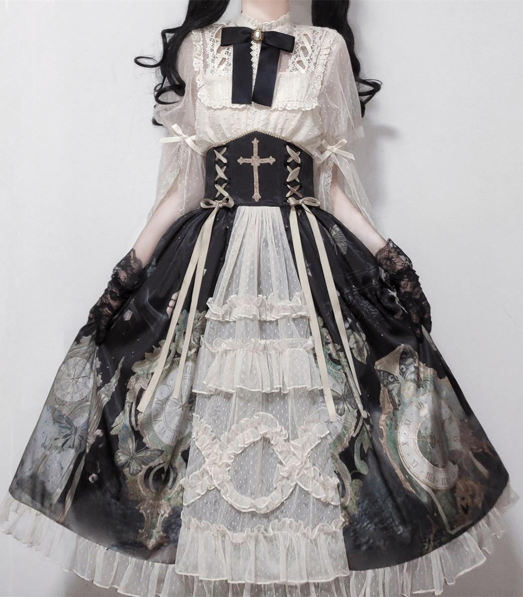 Clock Butterfly - Gothic Lolita Printed Blouse and Corset Skirt Set - image 15